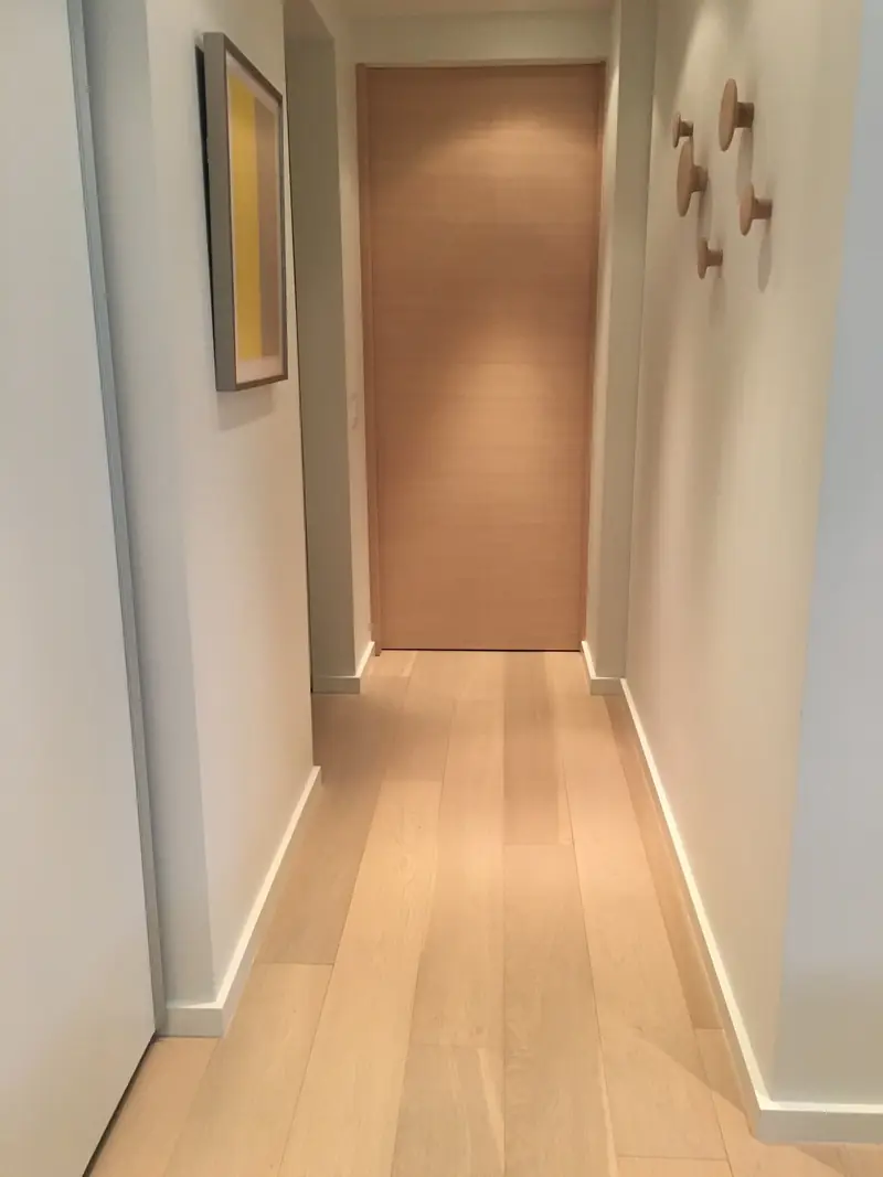 A hallway with a pale wood floor, a flush wood door at the end and round wooden coat pegs