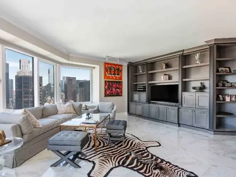 A living room with a long sofa under the windows, a zebra hide rug and a grey built-in media wall on the far side